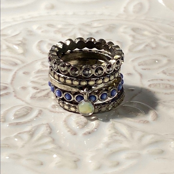 Opal Hematite and Blue Crystal Intricate Stainless Steel Ring Stack Whimsical - Picture 1 of 13